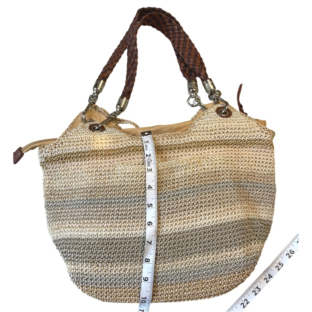 The Sak Crochet Neutral Stripes Coastal Bag with Faux Leather Braided Handles - Picture 4 of 10